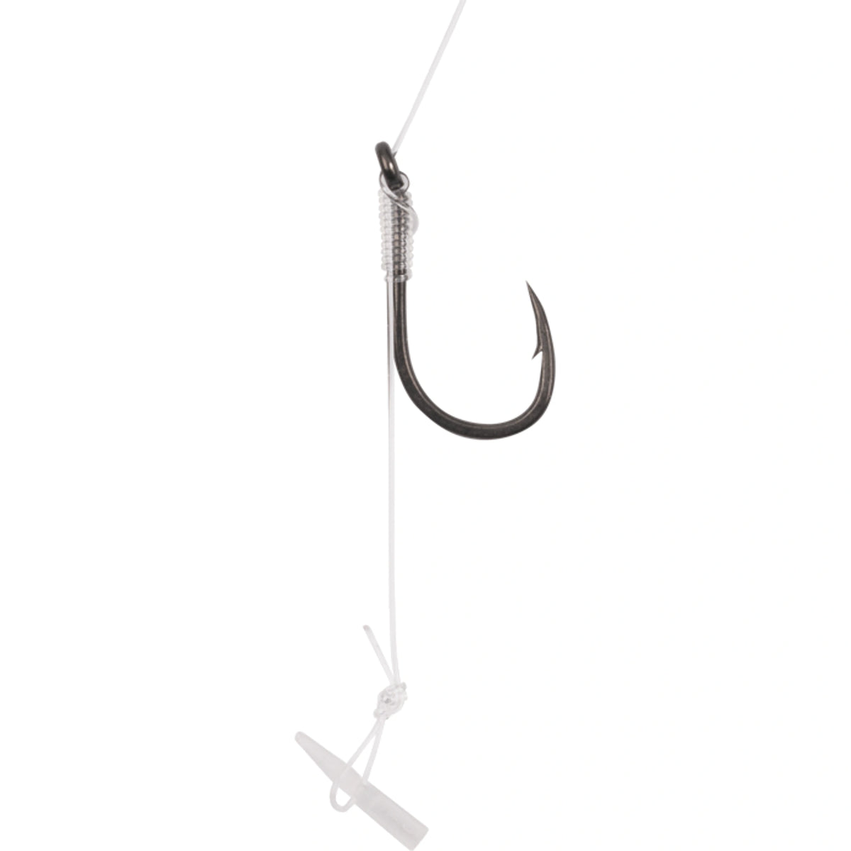Detail van de haak met weerhaak, onderlijnknoop en Quickstop van Korum Limitless Feeder Hair Rigs