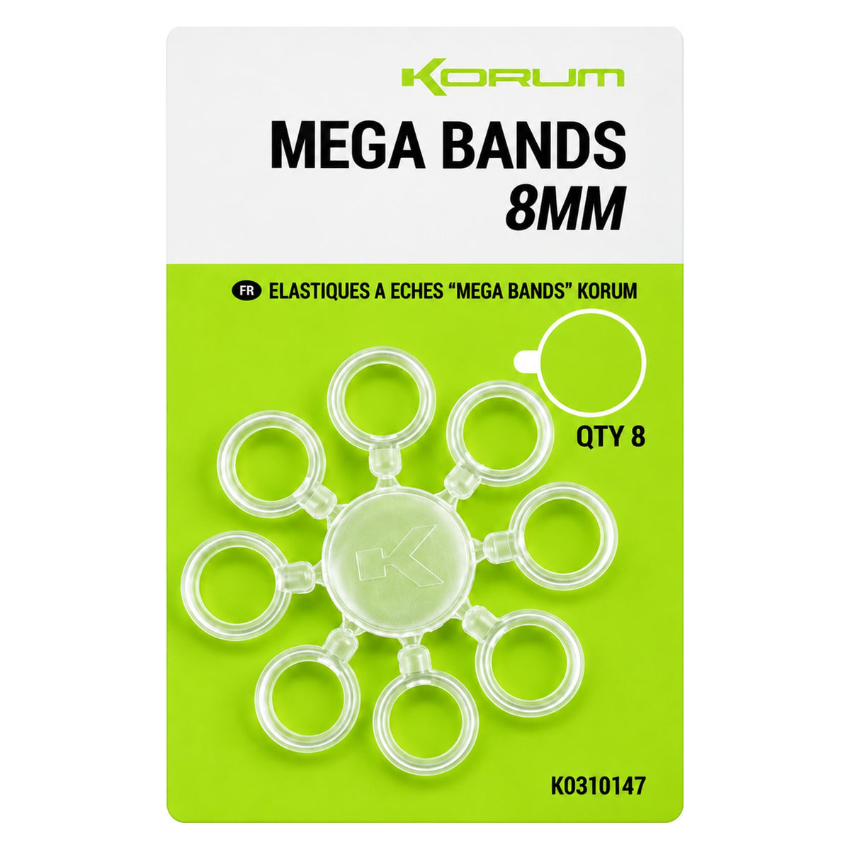 Korum Mega Bands 8 mm: verpakking met acht transparante pelletbandjes