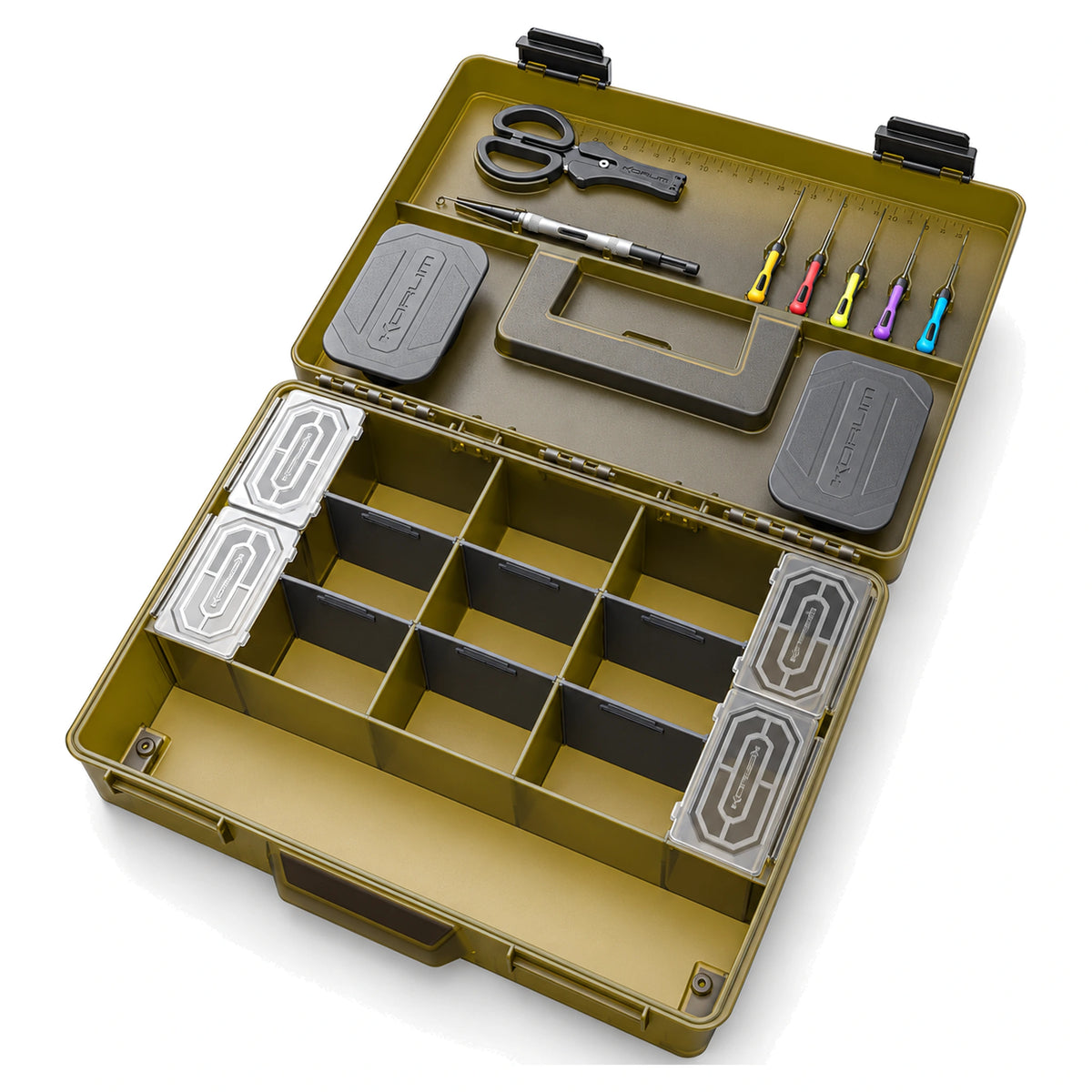 Korum Mega Blox Fully Loaded – geopende opbergbox met vakverdeling en meegeleverde accessoires