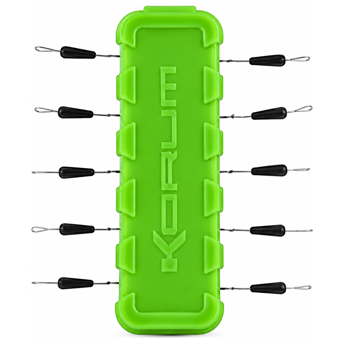Korum Mega Grip Stops met tien zwarte lijnstoppers op groene houder