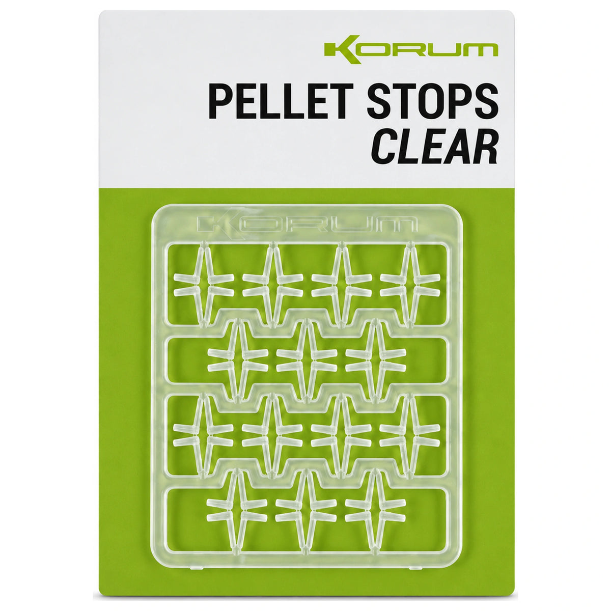 Korum Pellet Stops Clear met transparante pelletstoppers in rekje op groene verpakking