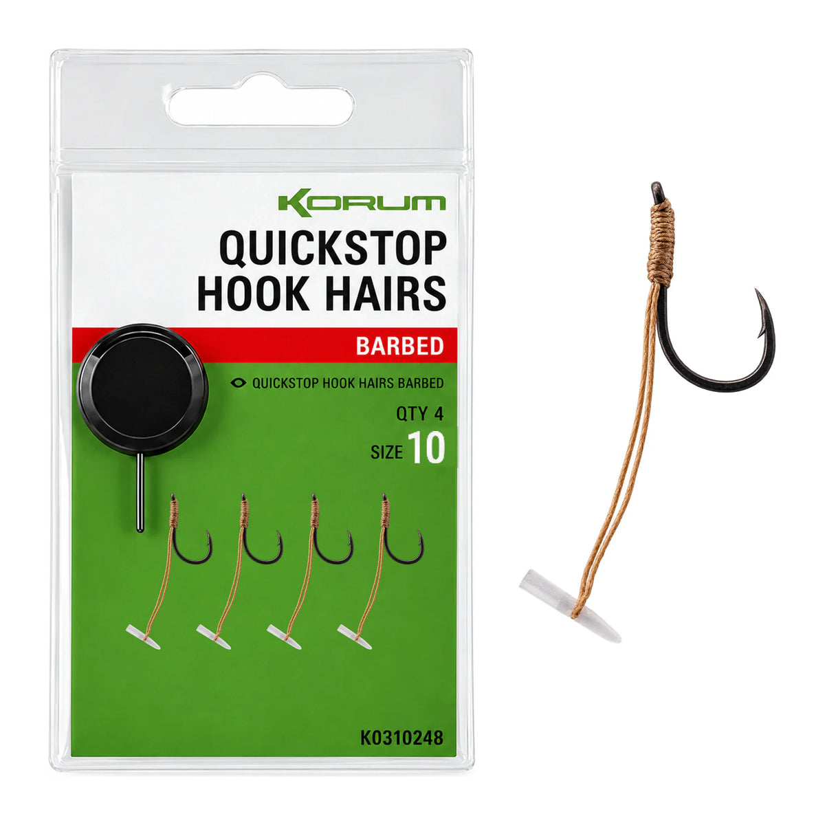 Korum Quickstop Hook Hairs Barbed – haak met quickstop en weerhaak, maat 10