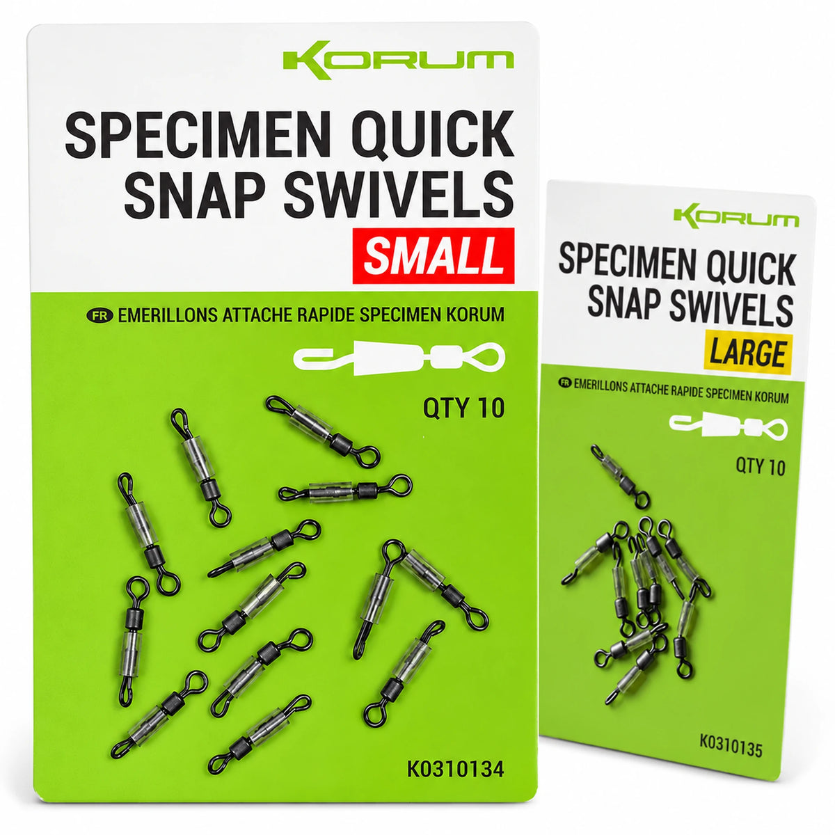 Korum Specimen Quick Snap Swivels – Small en Large verpakking