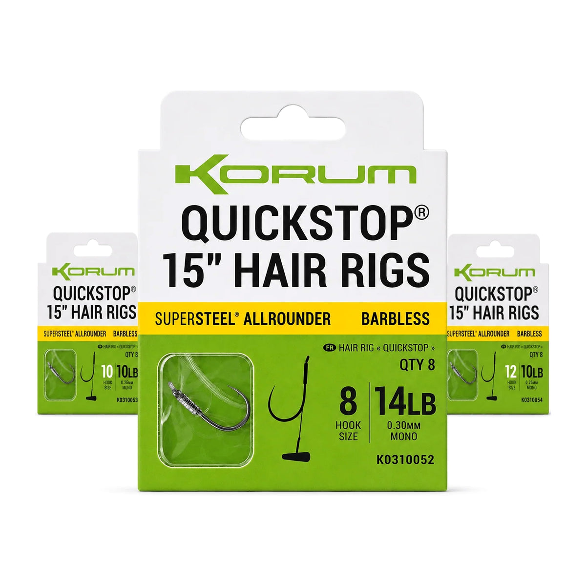 Korum Quickstop Hair Rigs Barbless – drie verpakkingen, met maat 8 vooraan en maat 10 en 12 achteraan