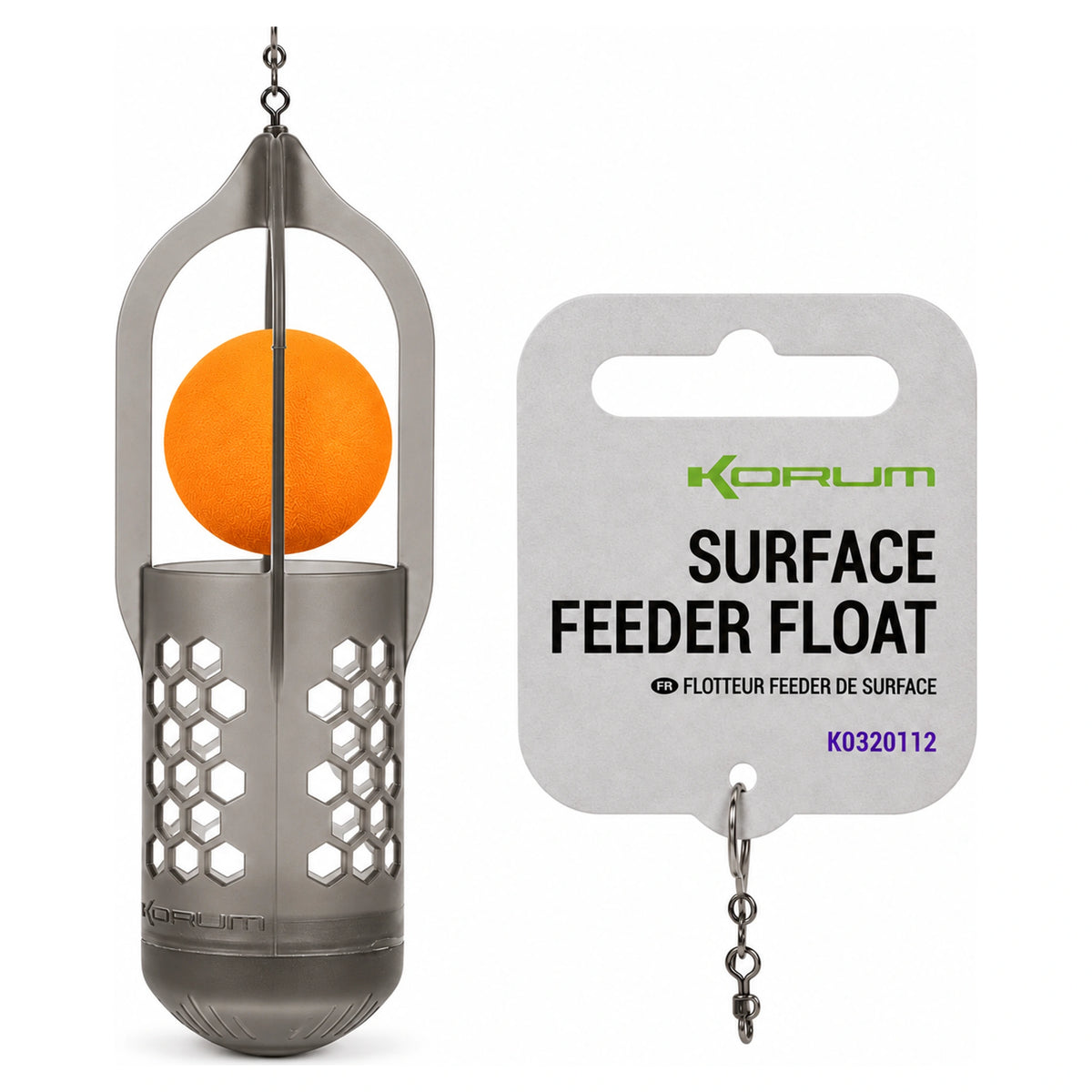 Korum Surface Feeder Float K0320112 – grijze voerkorf met oranje EVA-bal en verpakking