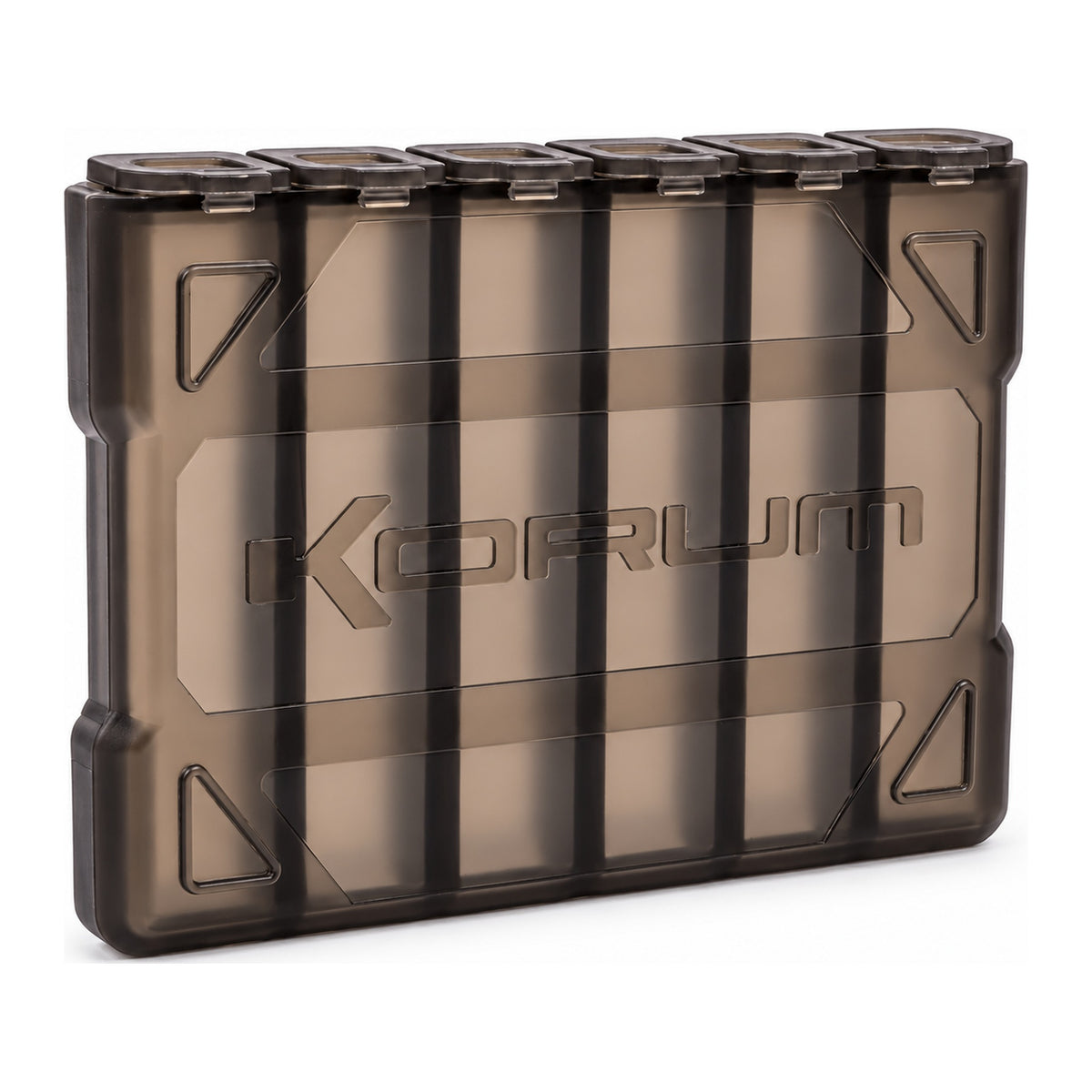 Korum Tackle Dispenser Blox met zes gesloten doppen en doorschijnende rookbruine behuizing