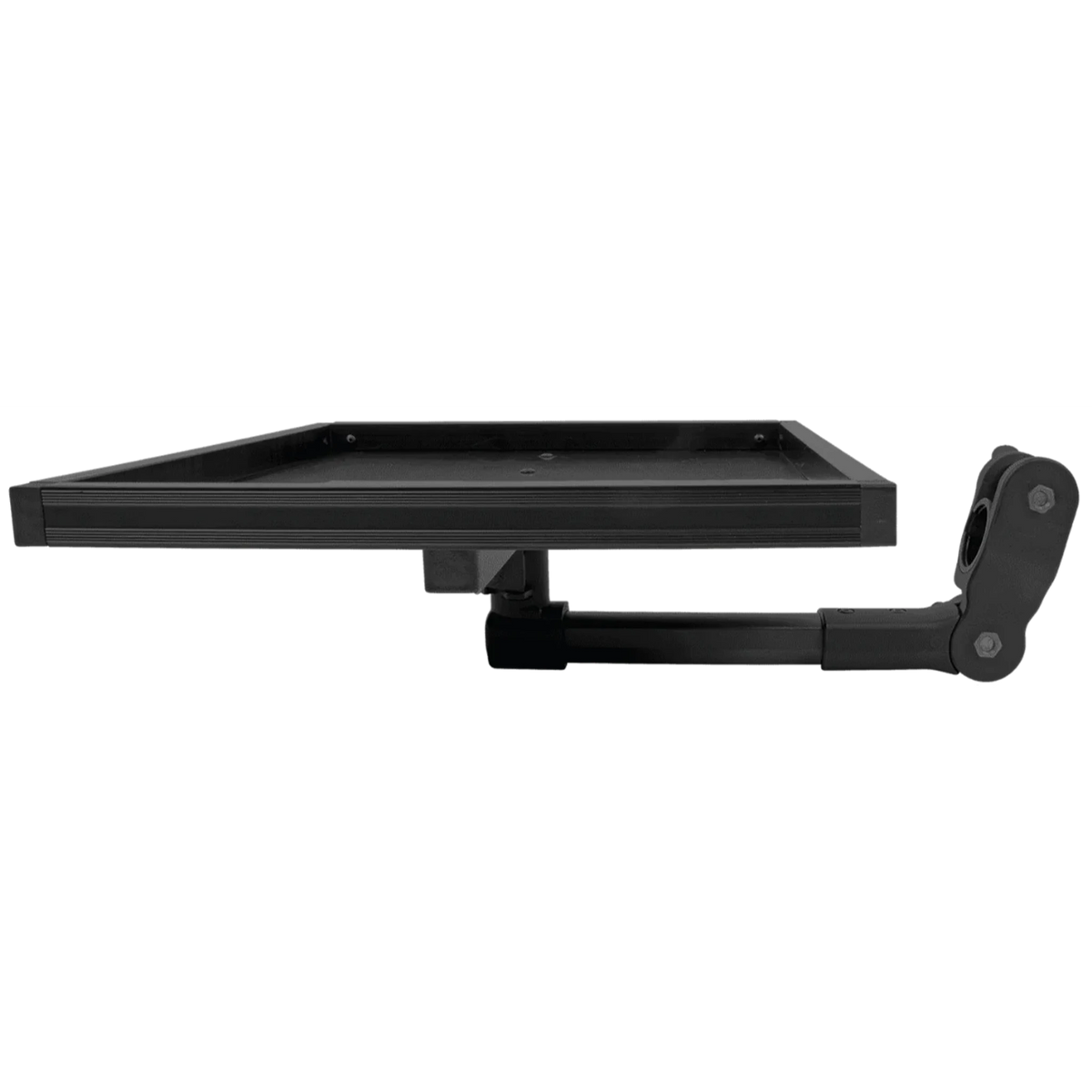 Zijaanzicht van de Korum Tackle Tray met opstaande rand en bevestigingsarm