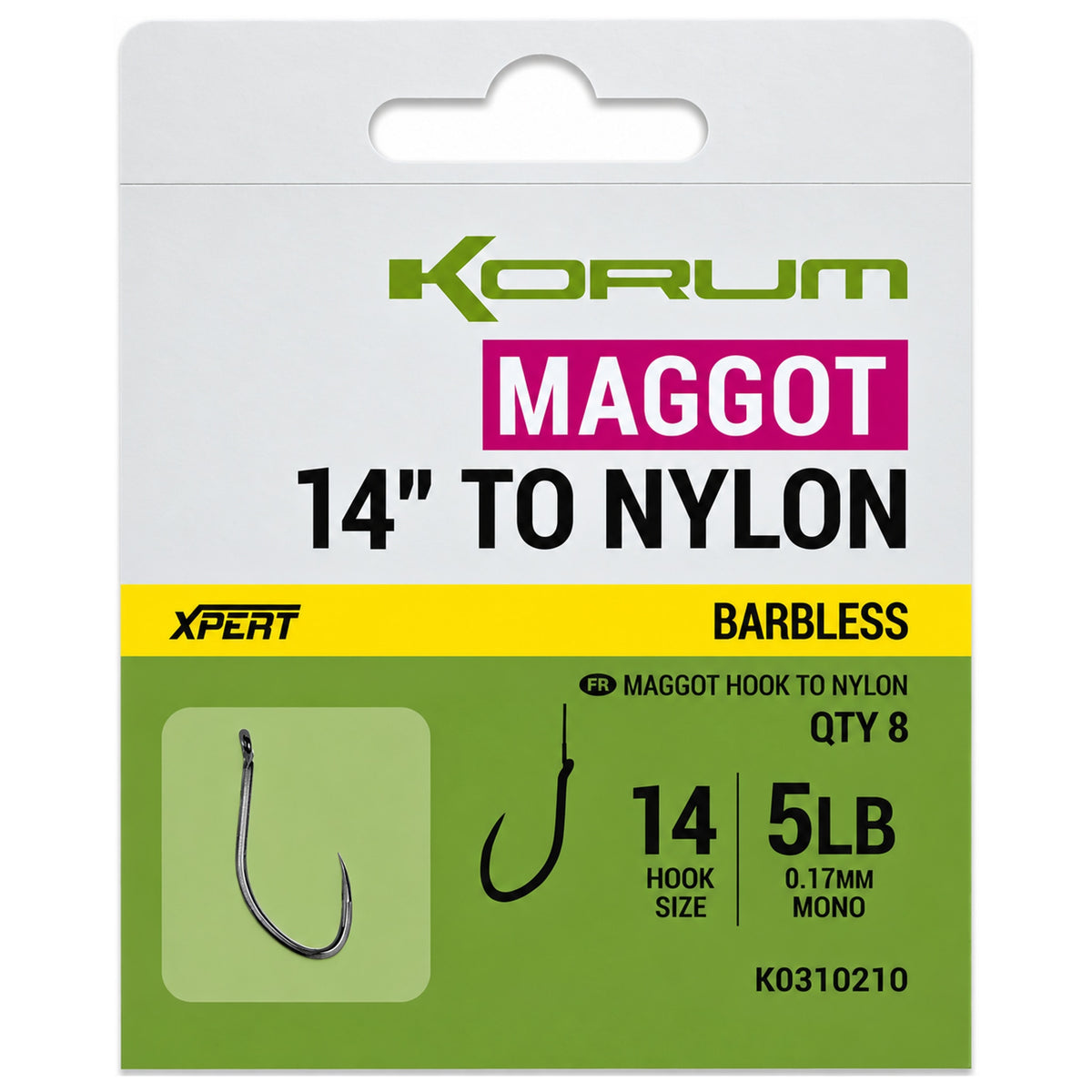 Korum Xpert Maggot to Nylon-verpakking met haakmaat 14, 5LB en 0,17 mm opdruk