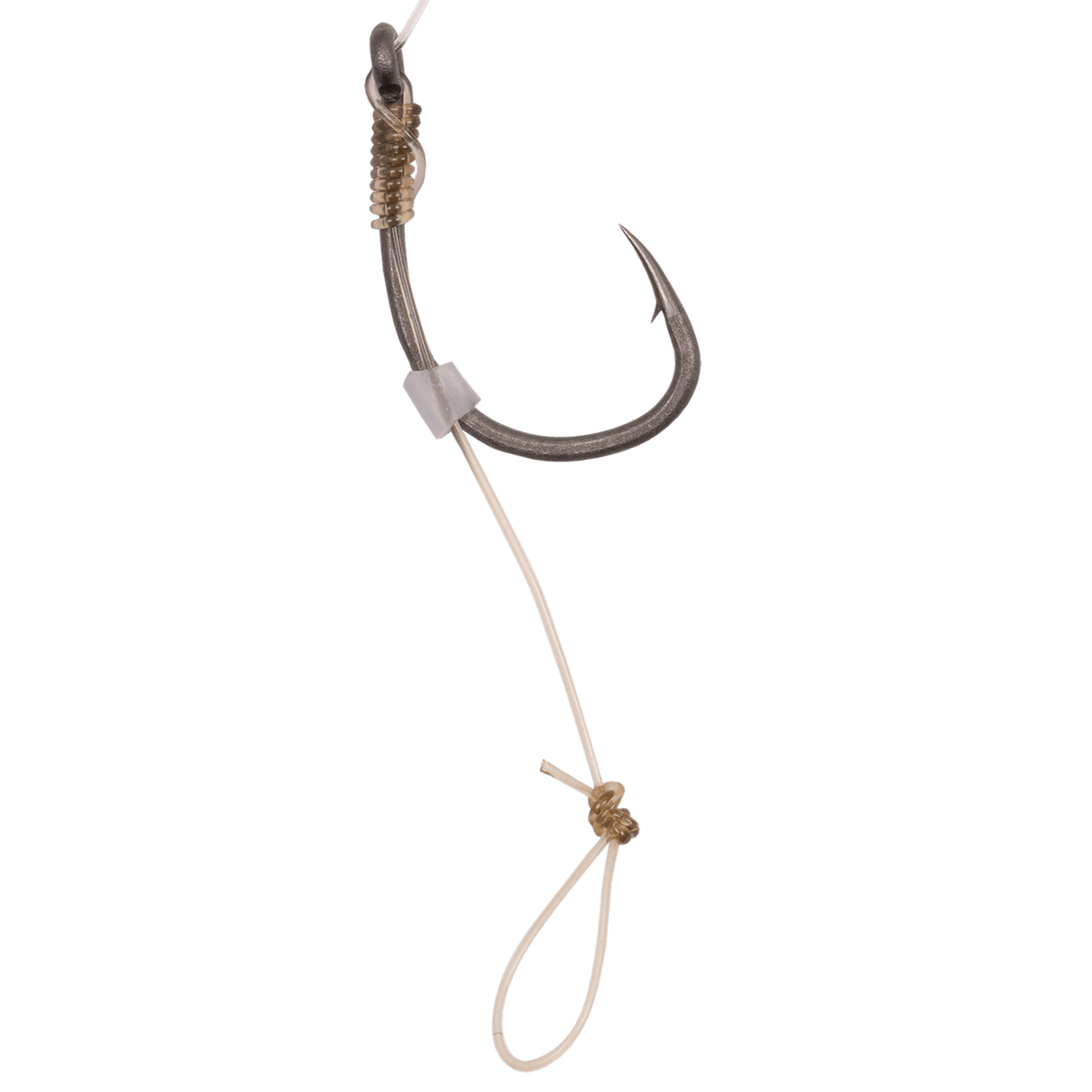 Korum Xpert Power River Hair Rigs Barbed – detail van weerhaak, hair en lus op de kant-en-klare onderlijn