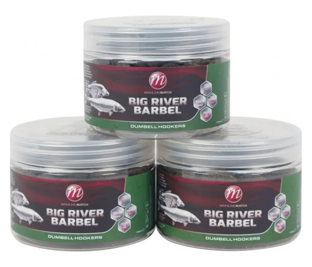 Mainline Big River Barbel Dumbbell Hookbaits – drie potjes haakaas gestapeld op witte achtergrond