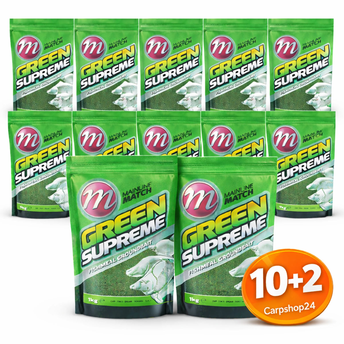 Twaalf zakken Mainline Match Green Supreme Fishmeal 1 kg bij de 10+2-pakketdeal