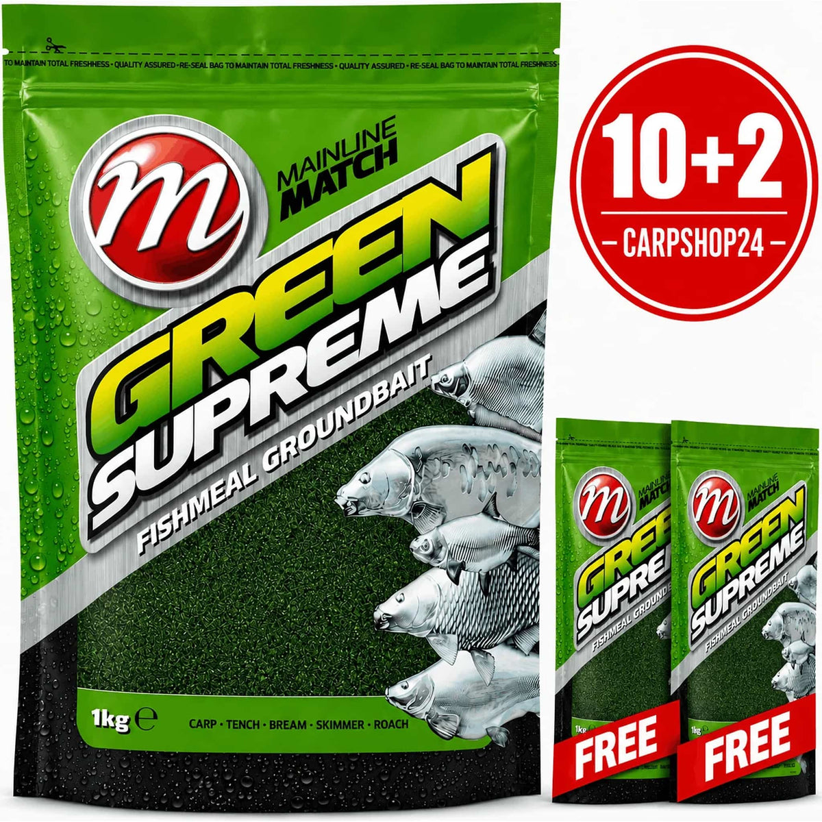 Mainline Match Green Supreme Fishmeal – drie groene 1kg-verpakkingen met 10+2-badge en FREE-linten