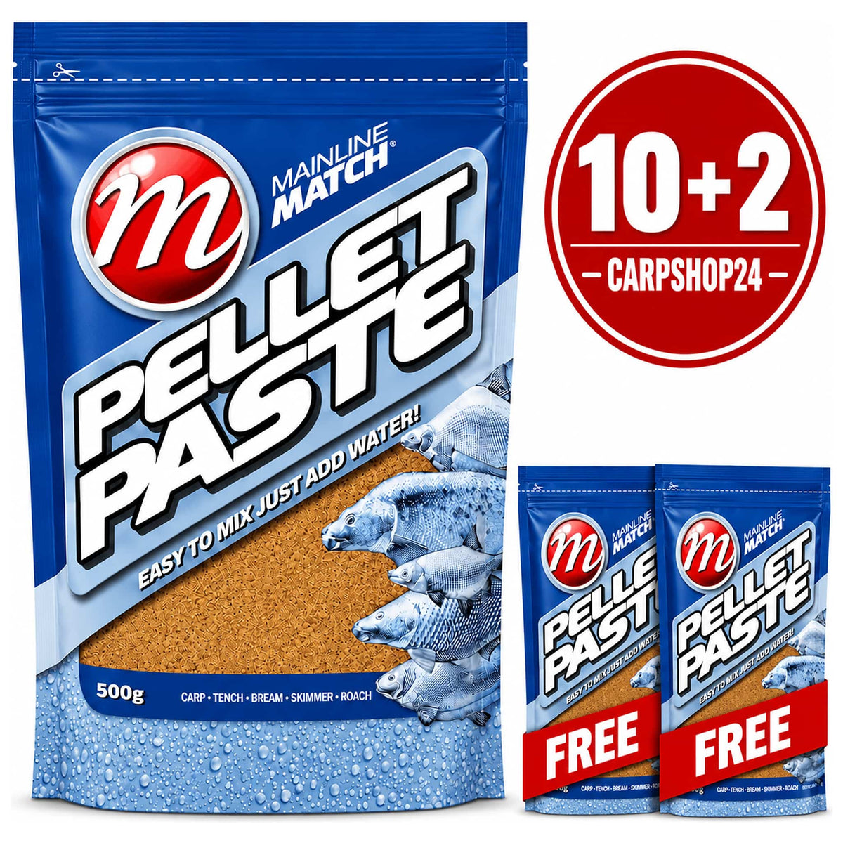 Mainline Match Pellet Paste 500 g met rode 10+2-badge en twee extra zakken met FREE-linten