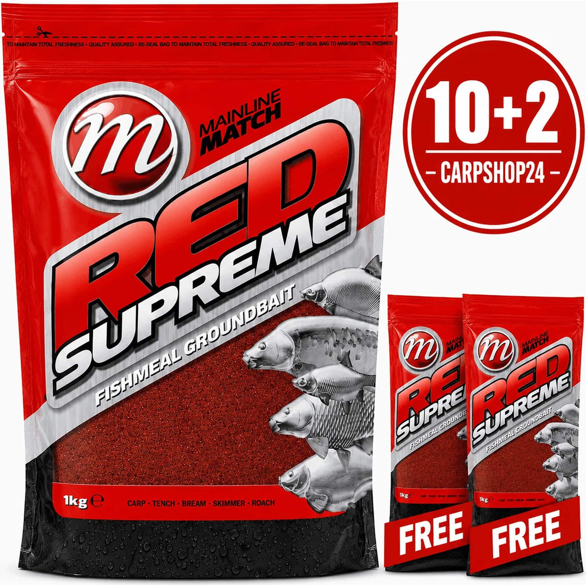 Mainline Match Red Supreme Fishmeal – drie rode 1kg-verpakkingen met 10+2-badge en FREE-linten