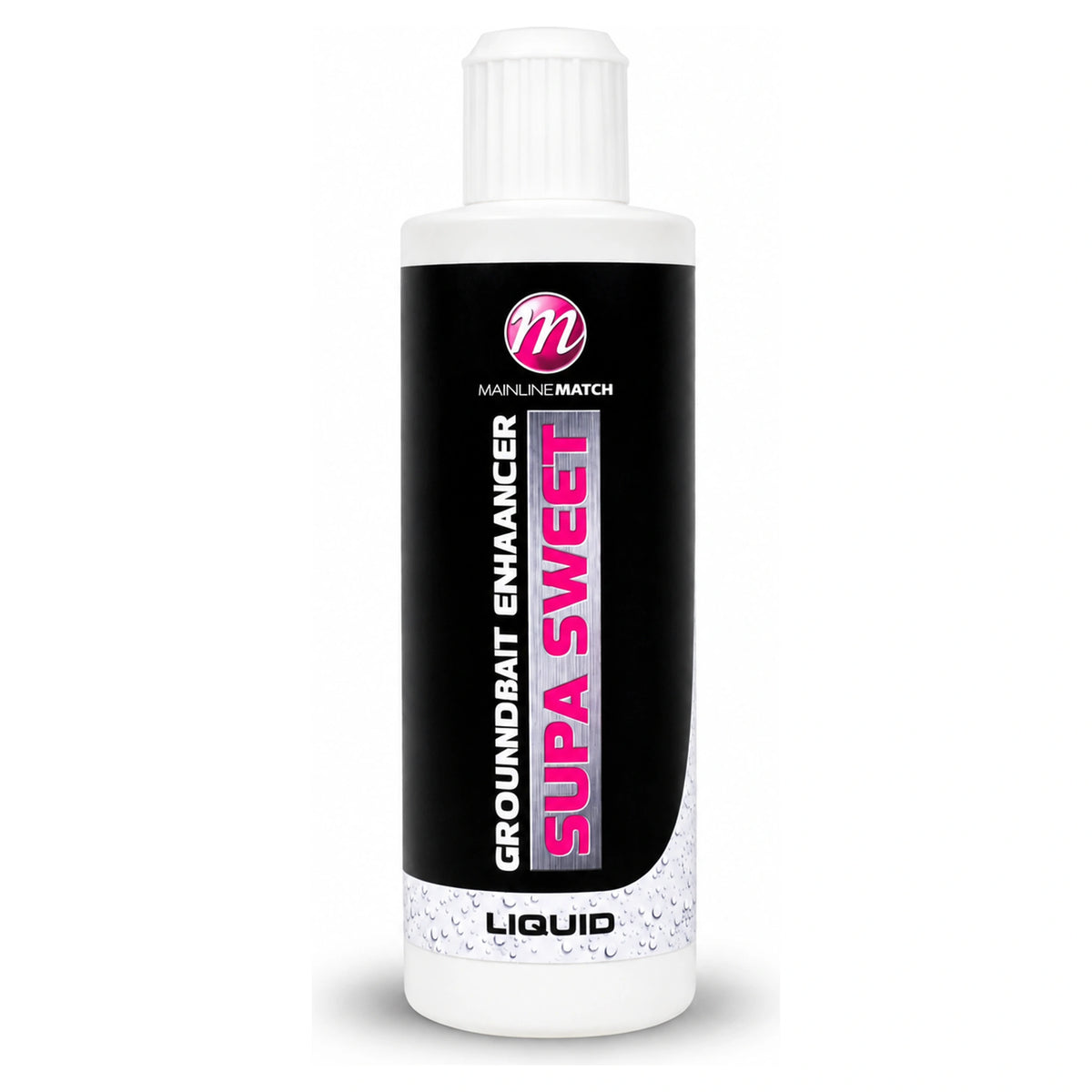 Mainline Match Supa Sweet Groundbait Enhancer witte fles met roze en zwart etiket
