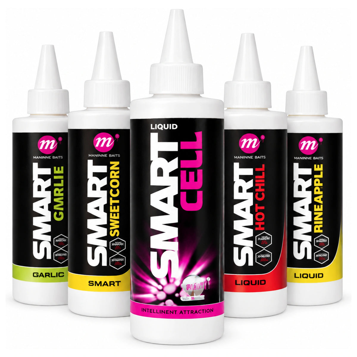 Vijf witte Mainline Smart Liquid-knijpflessen met puntdoppen en zwarte etiketten met groene, gele, roze en rode accenten