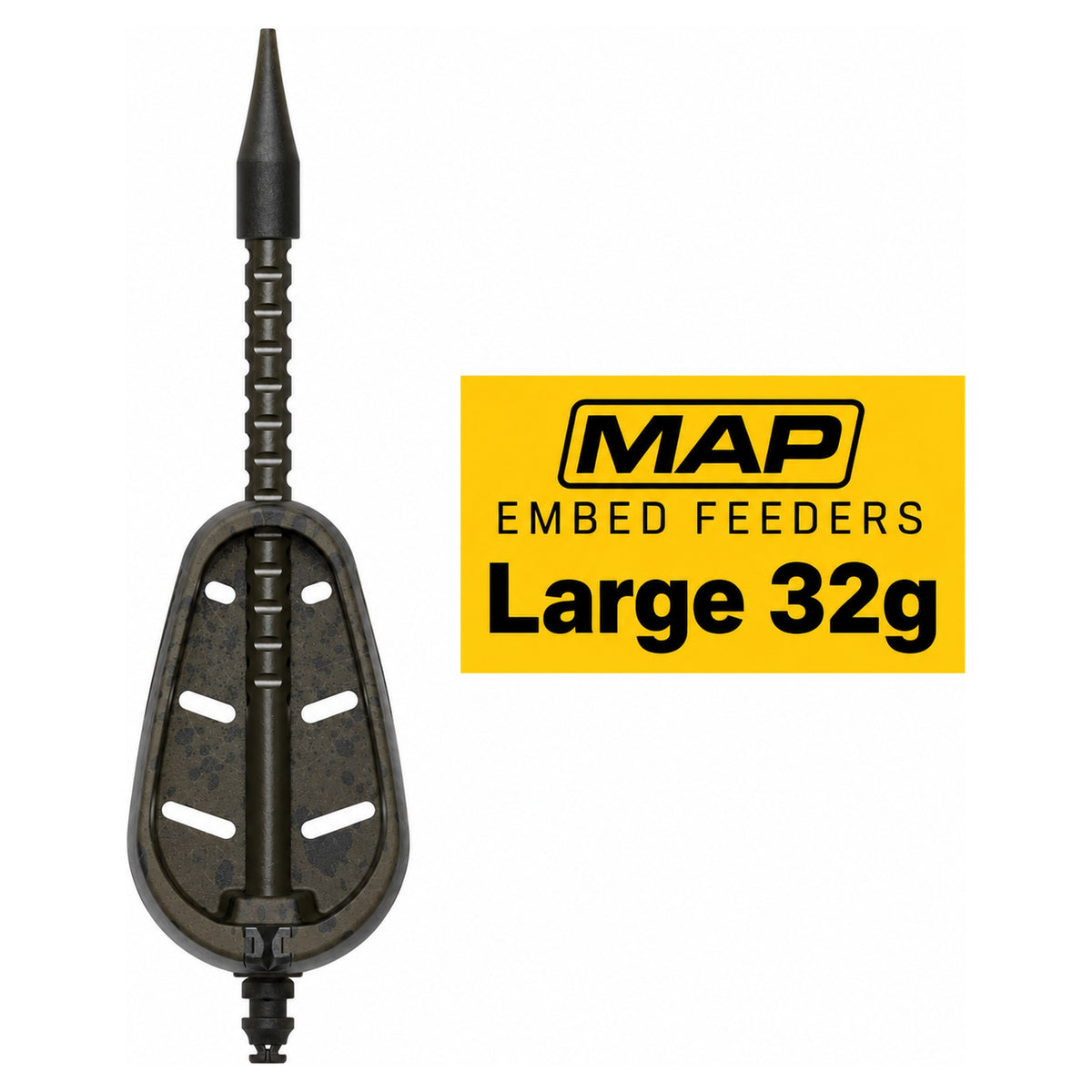 MAP Embed Feeders Inline Large 32g – onderzijde van de methodfeeder met lange steel en geel variantlabel