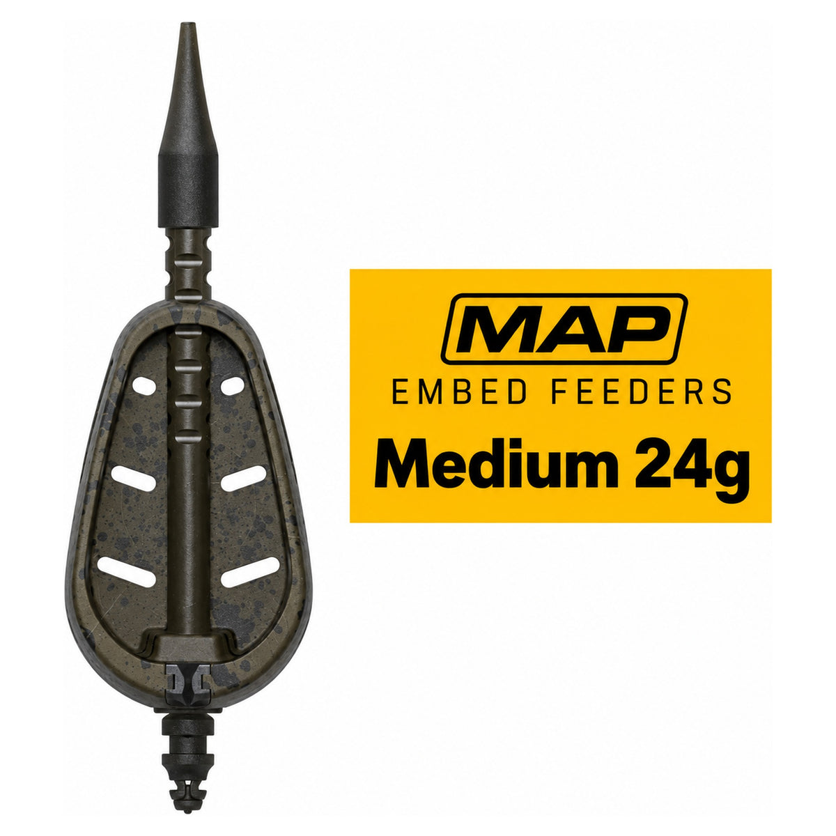 MAP Embed Feeders Inline Medium 24g – onderzijde van de methodfeeder met geel variantlabel