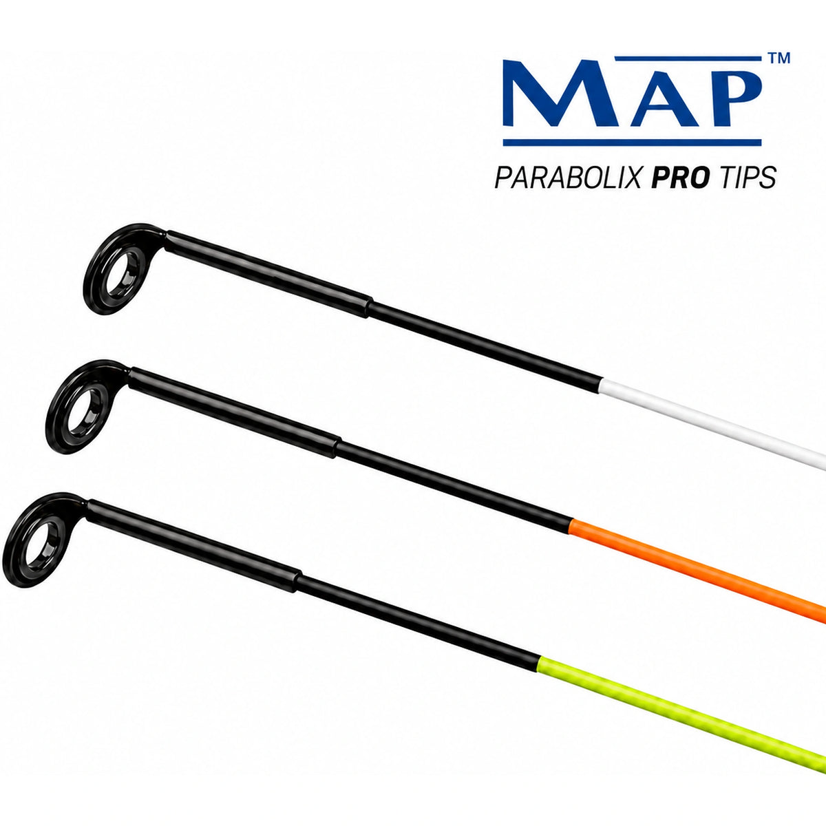 MAP Parabolix Pro Tips – drie schuine feedertoppen met zwarte eindogen en witte, oranje en geelgroene delen.