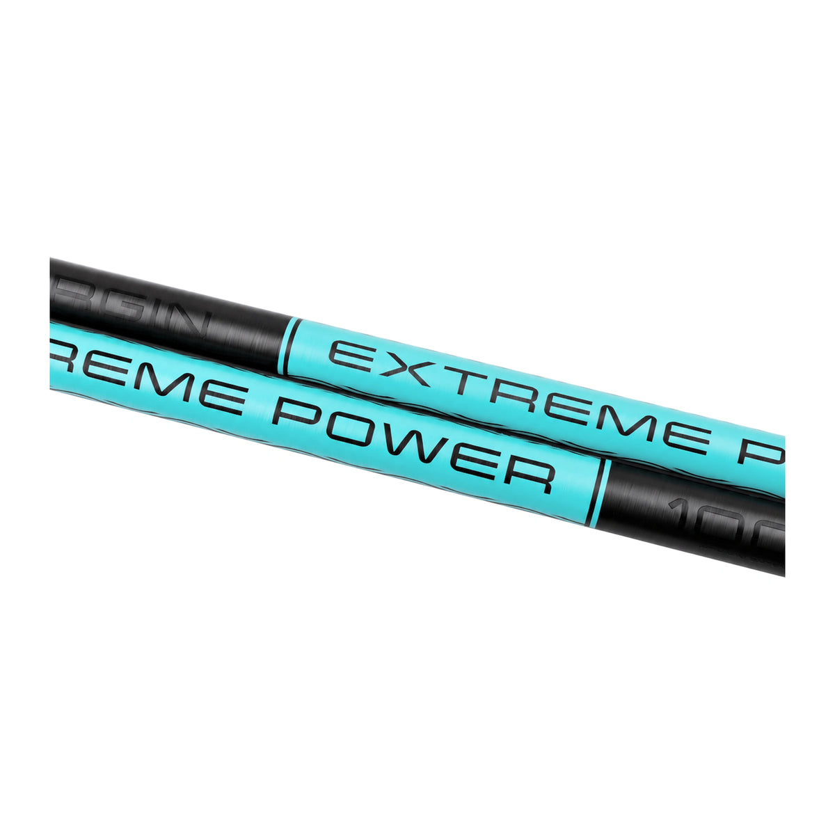 Twee turquoise en zwarte MAP TKS Euro Extreme Power hengeldelen met modelopdruk