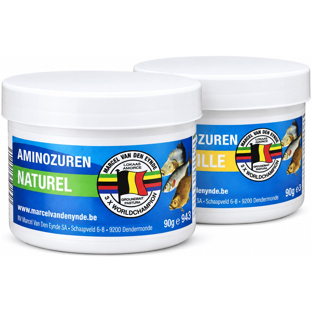 Twee witte potten Aminozuren 90g, Naturel met groen etiket vooraan en Vanille met geel etiket erachter.