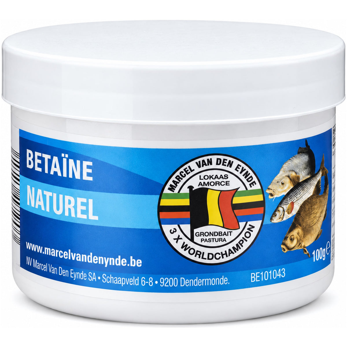 Witte pot Bétaïne Naturel 100g met blauw etiket, Marcel Van Den Eynde-logo en drie vissen.