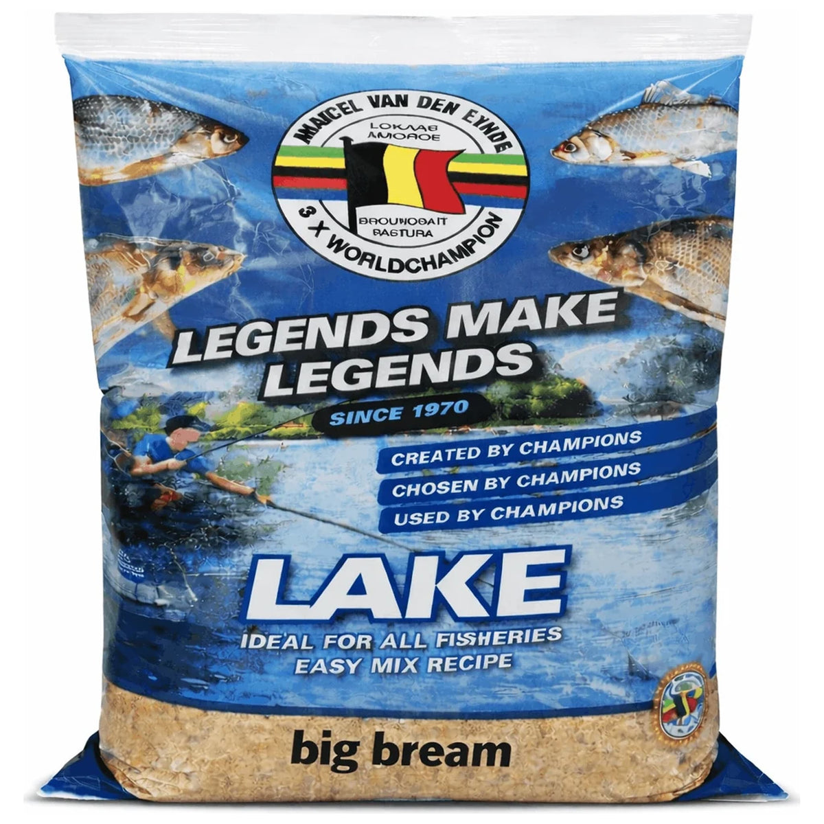 Marcel Van Den Eynde Big Bream-zak met LAKE-opdruk, visafbeeldingen en zichtbare voermix