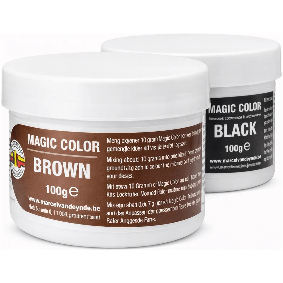 Twee witte potten Magic Color 100g met Brown op het bruine etiket vooraan en Black op het zwarte etiket achteraan.