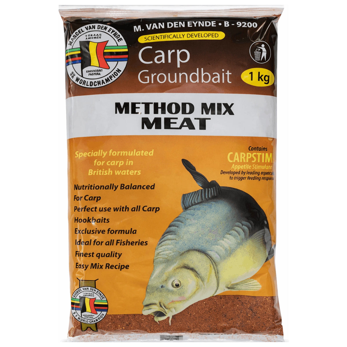 Van den Eynde Method Mix Meat 1 kg in oranje verpakking met karper