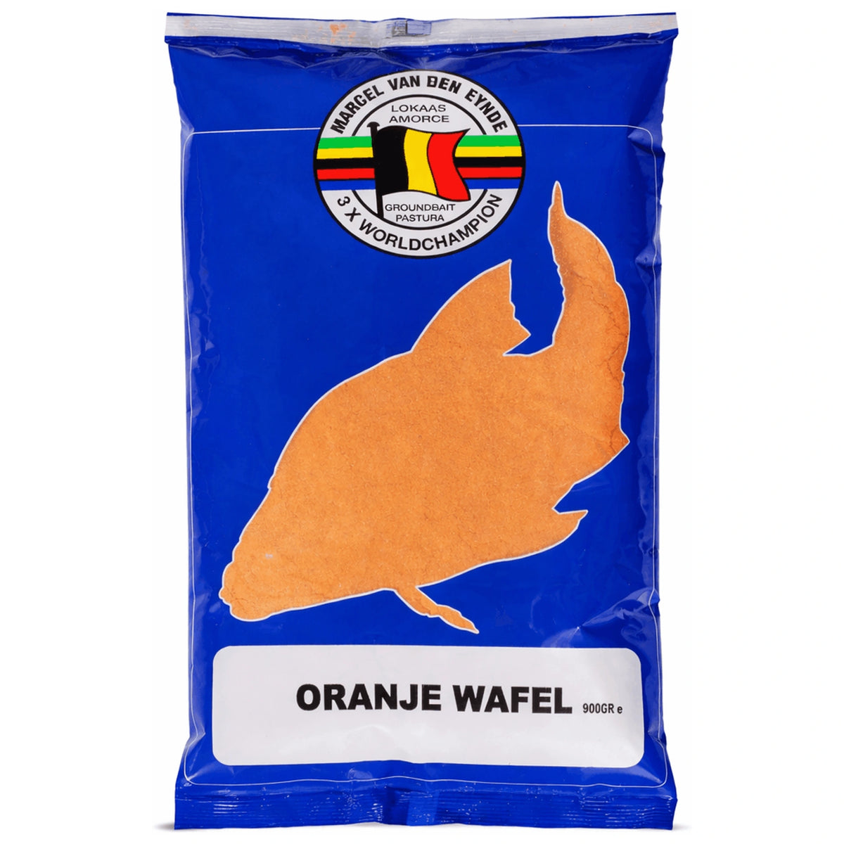 Marcel Van Den Eynde Oranje Wafel 900g – blauwe verpakking met oranje karper