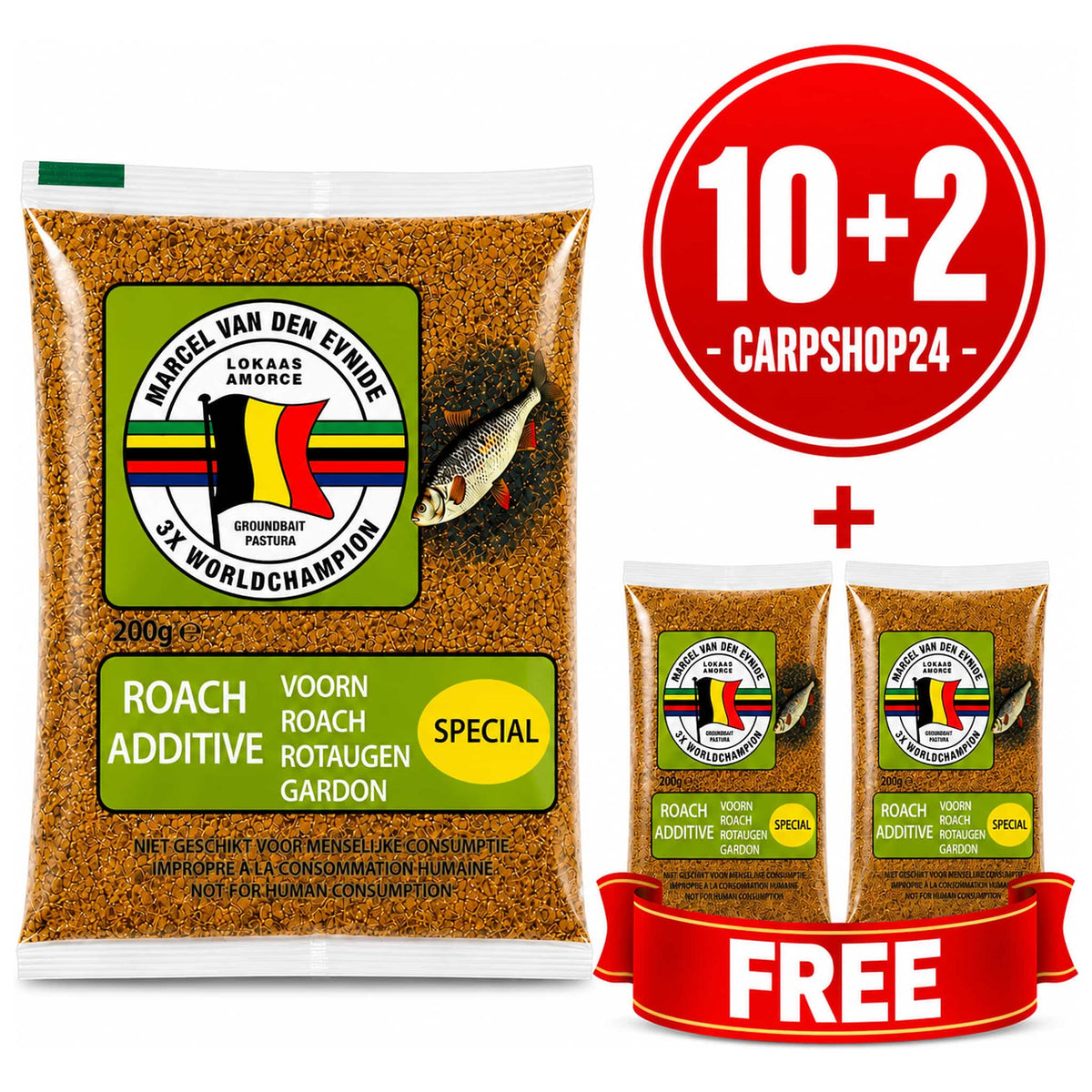 Marcel Van Den Eynde Roach Additive Special 200 g met rode 10+2-badge en twee extra zakjes met FREE-lint