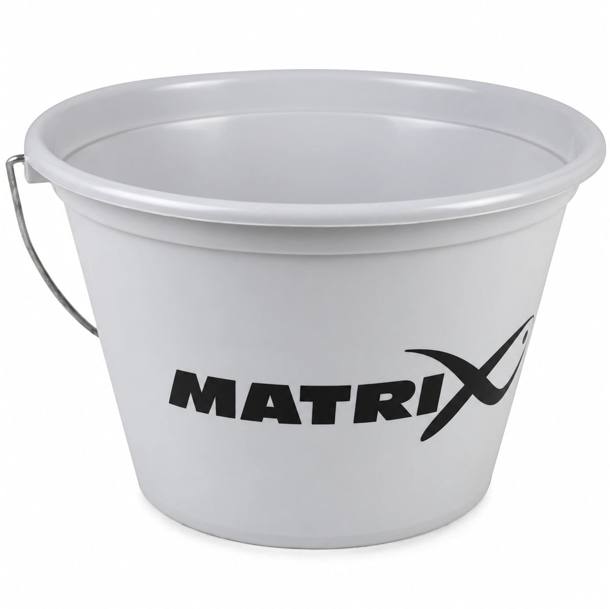 Open lichtgrijze Matrix 17L Bait Bucket zonder deksel, schuin van voren met Matrix-opdruk