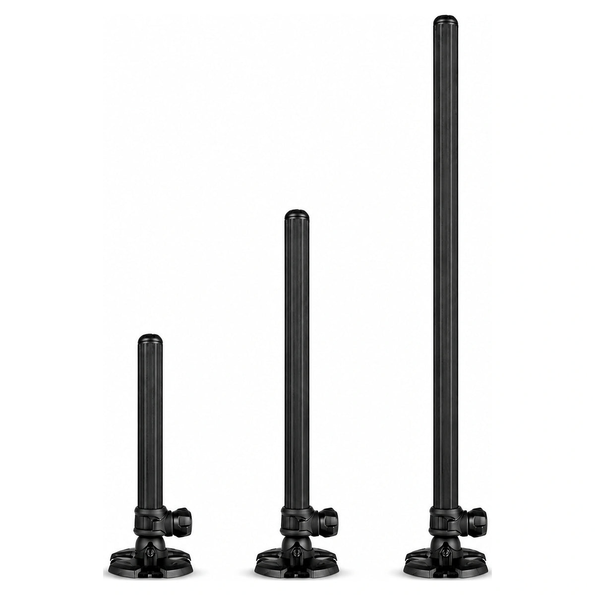 Matrix 36mm Extending Legs – drie lengtes telescopische zitkistpoten naast elkaar op witte achtergrond