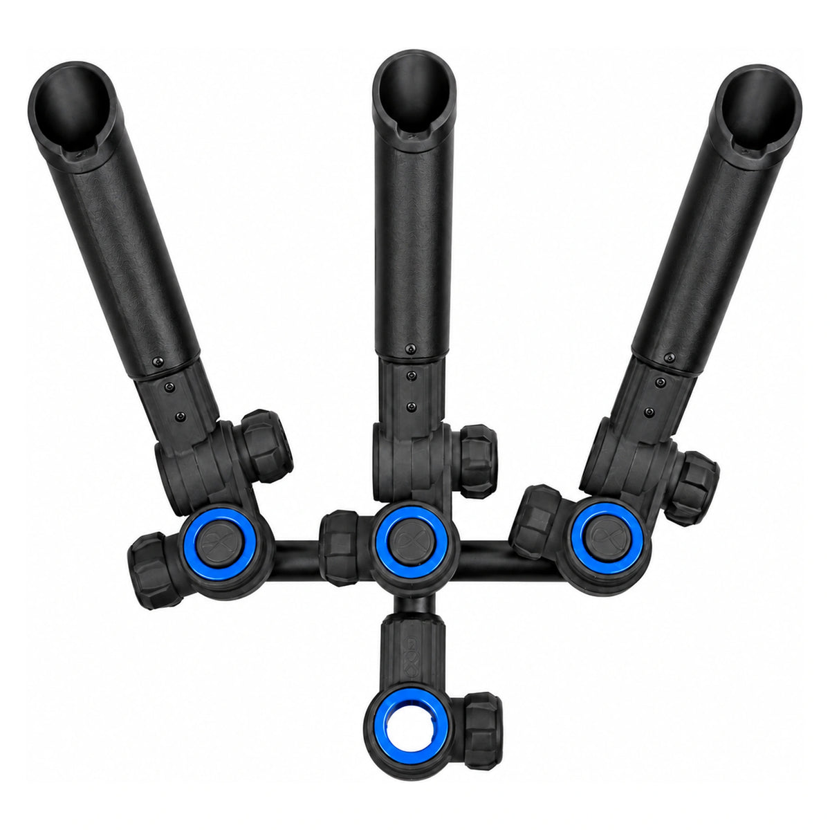 Matrix 3D-R Multi Angled Rod Holder – drie zwarte hengelhouders met blauwe instelringen