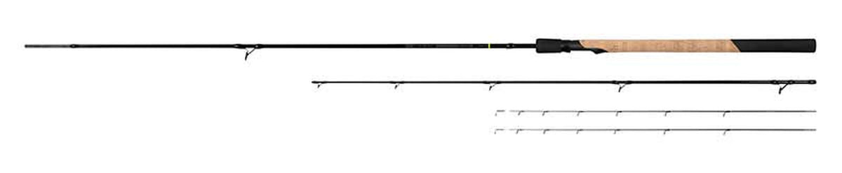 Matrix Aquos Ultra-C 9ft Feeder Rod – volledig overzicht van de hengeldelen en twee verwisselbare toppen op witte achtergrond