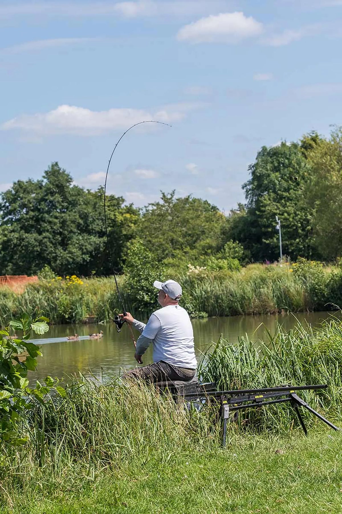 Matrix Aquos Ultra-C Feeder Rod – visser met gebogen hengel aan een groene vijveroever met riet en bomen