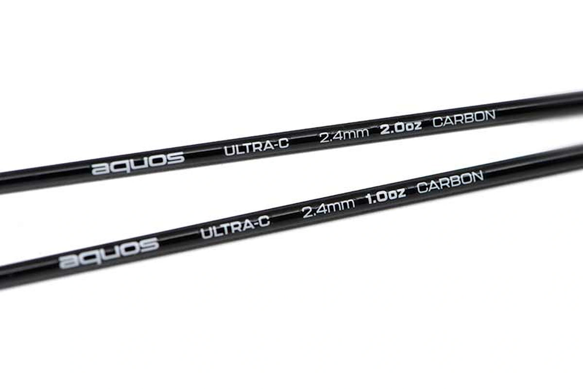Matrix Aquos Ultra-C carbon toppen – detail van de opdrukken 2,4 mm 2,0 oz op de bovenste top en 2,4 mm 1,0 oz op de onderste top