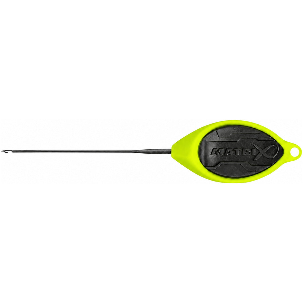 Horizontale metalen aasnaald met klein haakpunt links en geelgroene ovale Matrix-handgreep met zwarte grip en ophanggat rechts.