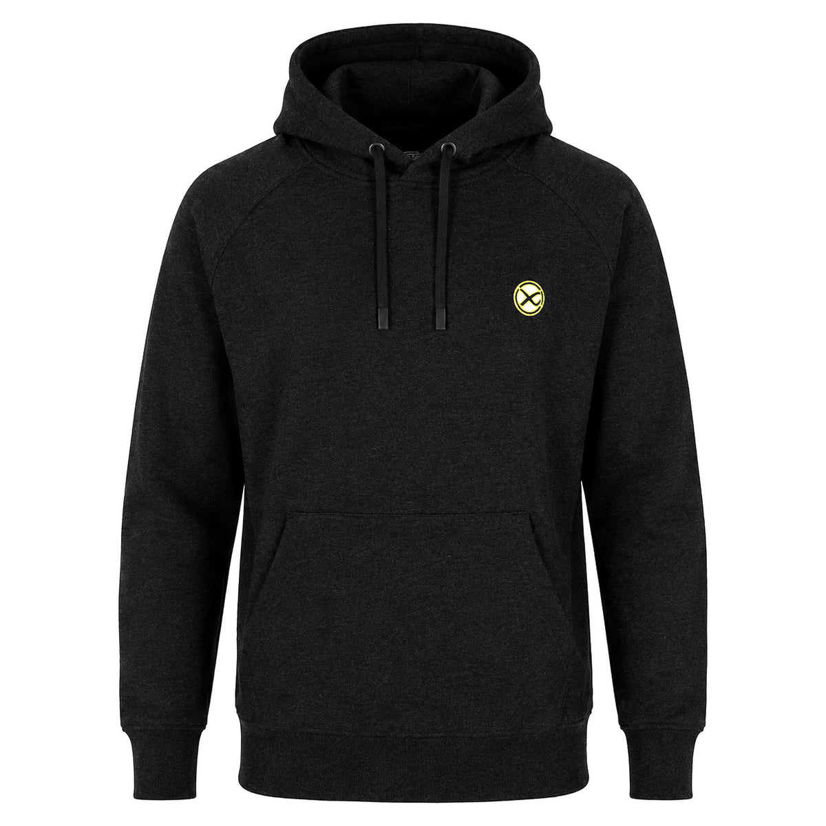 Matrix Black Marl Hoody – voorzijde van zwarte gemêleerde hoodie met capuchon, kangoeroezak en geel borstlogo