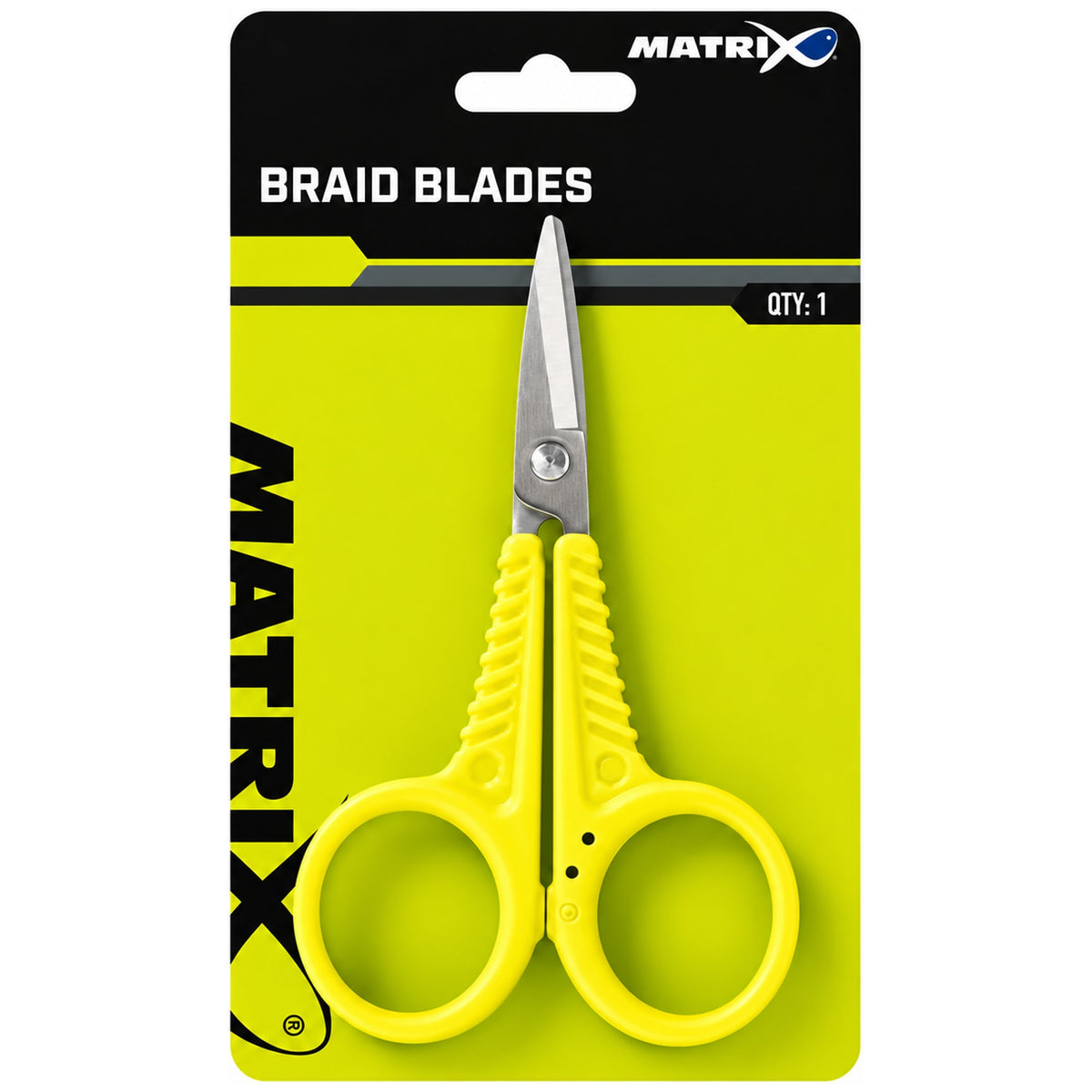 Gesloten schaar met gele geribbelde grepen en zilveren bladen op een Matrix-verpakking met de opdruk Braid Blades.
