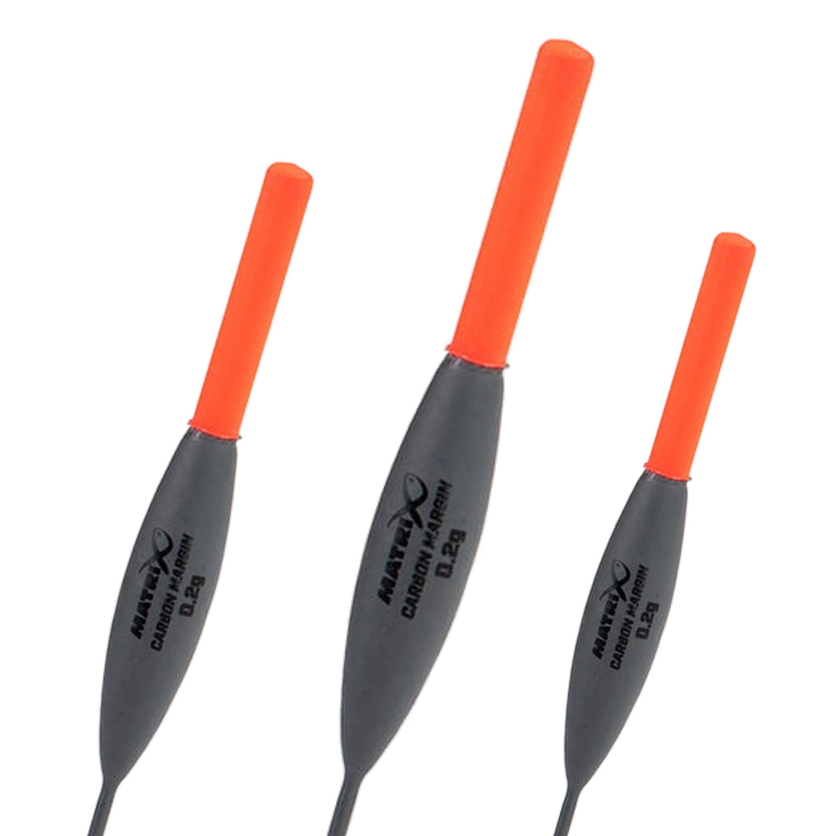 Matrix Carbon Margin 0.2g: drie dobbers met volledige oranje antenne en de middelste groter