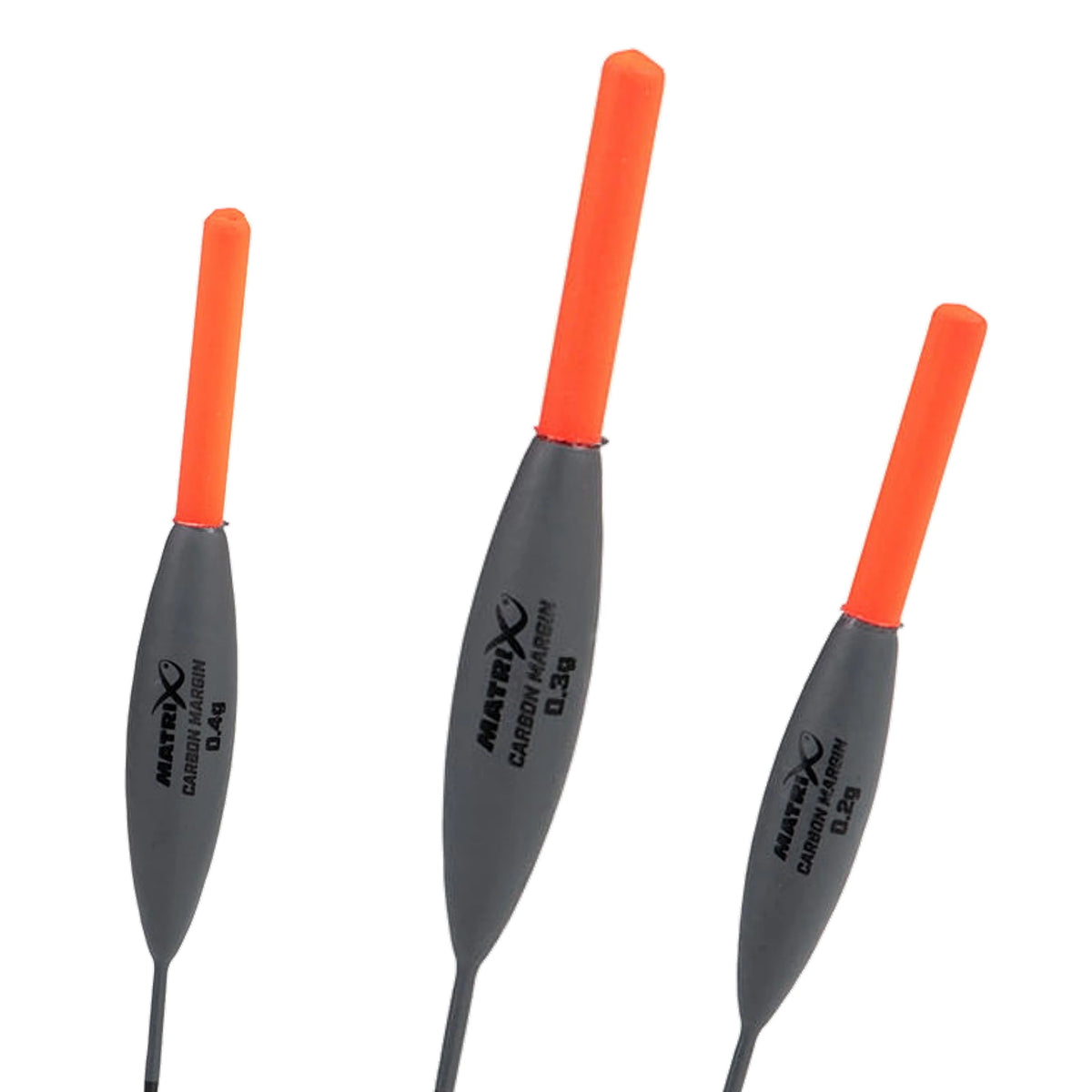 Matrix Carbon Margin-dobbers met oranje antenne: 0.3g centraal, 0.4g links en 0.2g rechts