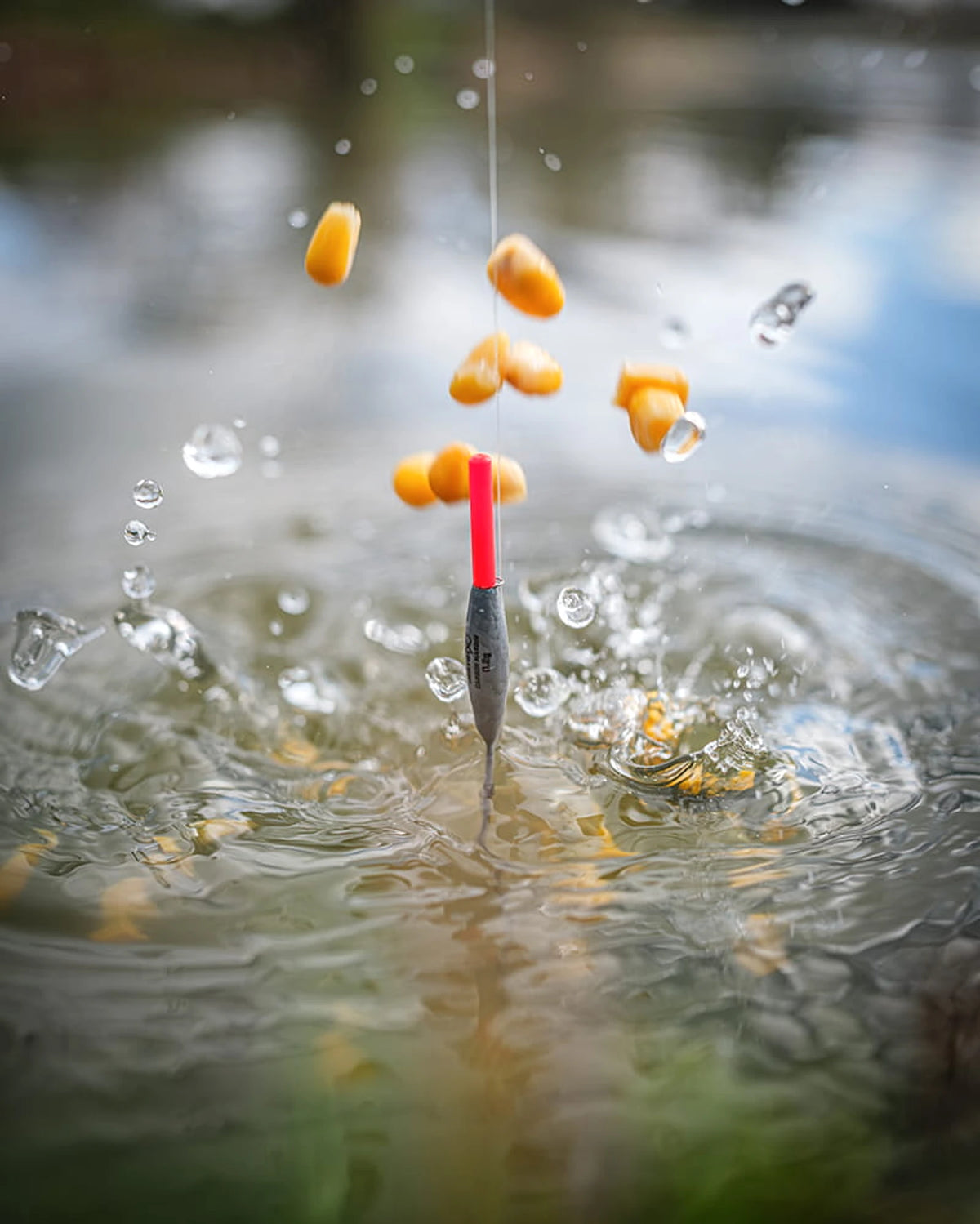 Matrix Carbon Margin-dobber in opspattend water tussen maiskorrels