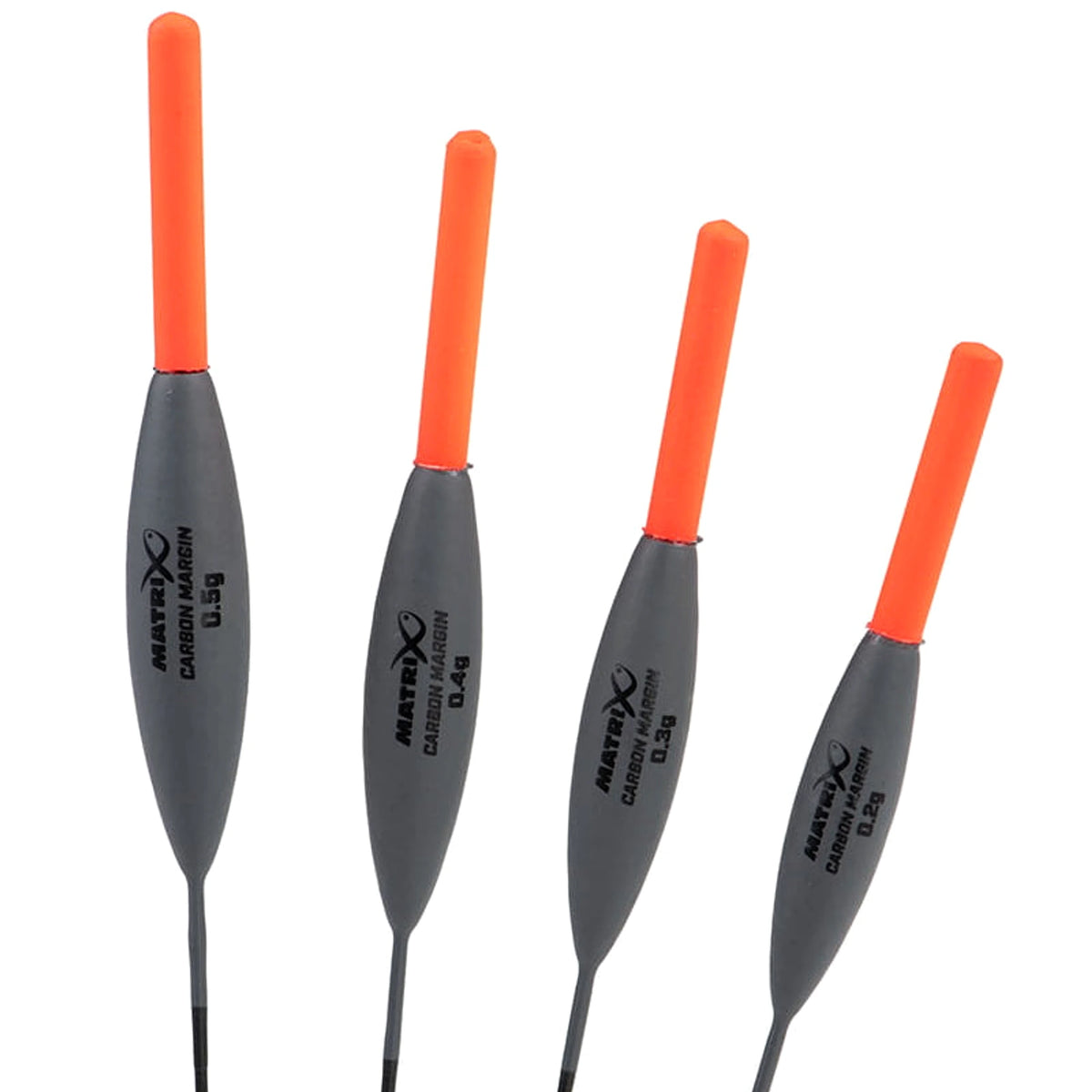 Matrix Carbon Margin: productfoto van vier oranje antennes en bodies met model- en gewichtsopdruk