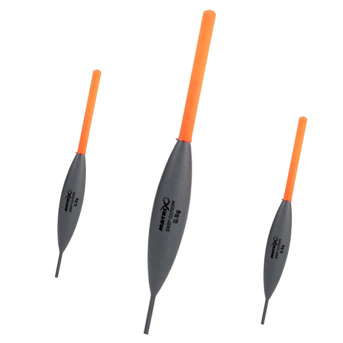 Matrix Carp Carbon Pole Floats, drie dobbers 0.5g met de middelste groter op de voorgrond