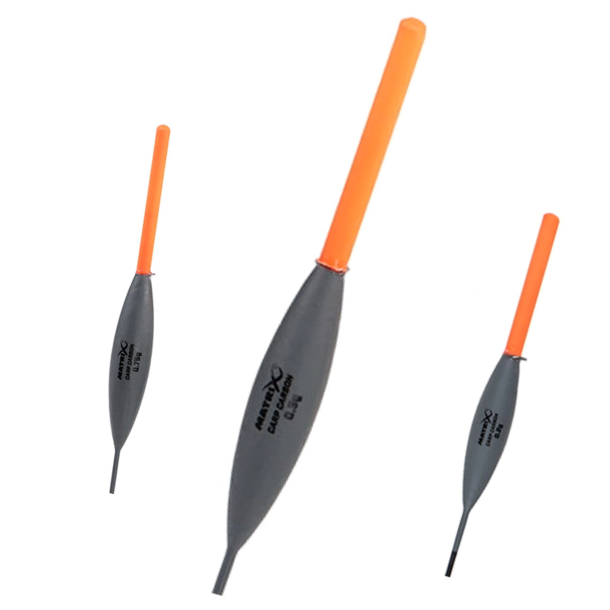 Matrix Carp Carbon Pole Floats, drie dobbers met 0.3g centraal en 0.75g en 0.2g op de achtergrond