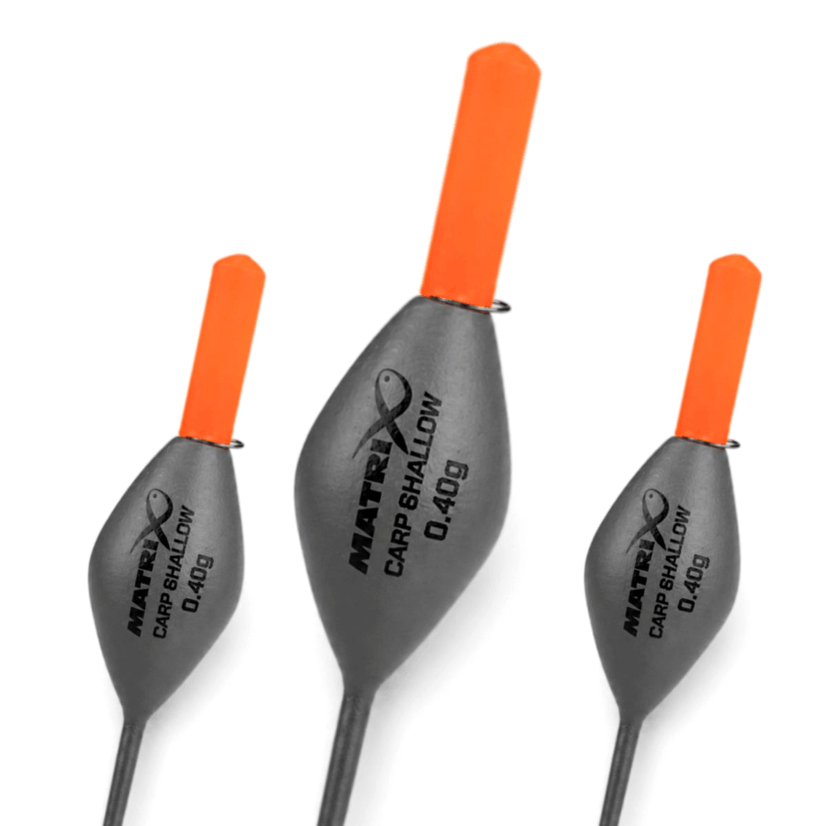 Matrix Carp Shallow Carbon Pole Floats 0.40g – drie oorspronkelijke dobbers met oranje antenne en leesbare centrale 0.40g-opdruk