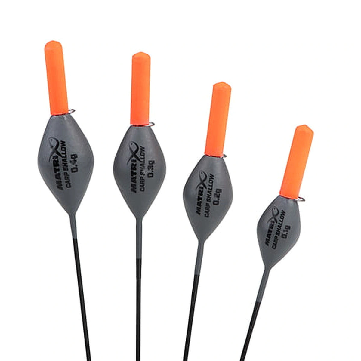 Matrix Carp Shallow Carbon Pole Floats – overzicht van vier dobbers met de gewichten 0.40g, 0.30g, 0.20g en 0.10g