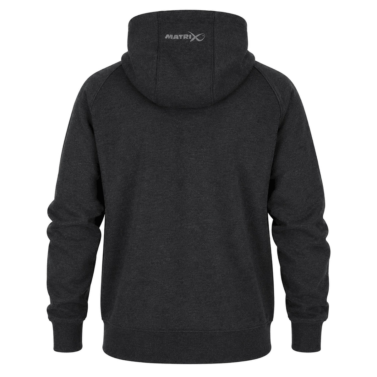 Matrix Charcoal Marl Zip Hoody van achteren met Matrix-logo op de capuchon en gemêleerde stof