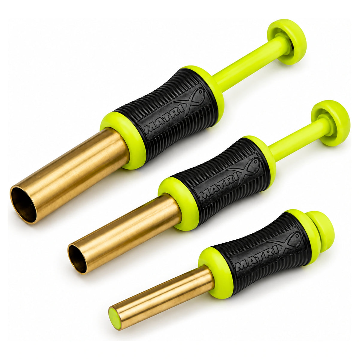 Matrix Compression Punch Set – drie messing aasponsen met zwarte grips en limegroene plunjers